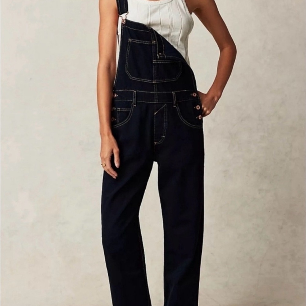 We The Free Dark Navy Denim Overalls with Contrast Stitching - Picture 4 of 6